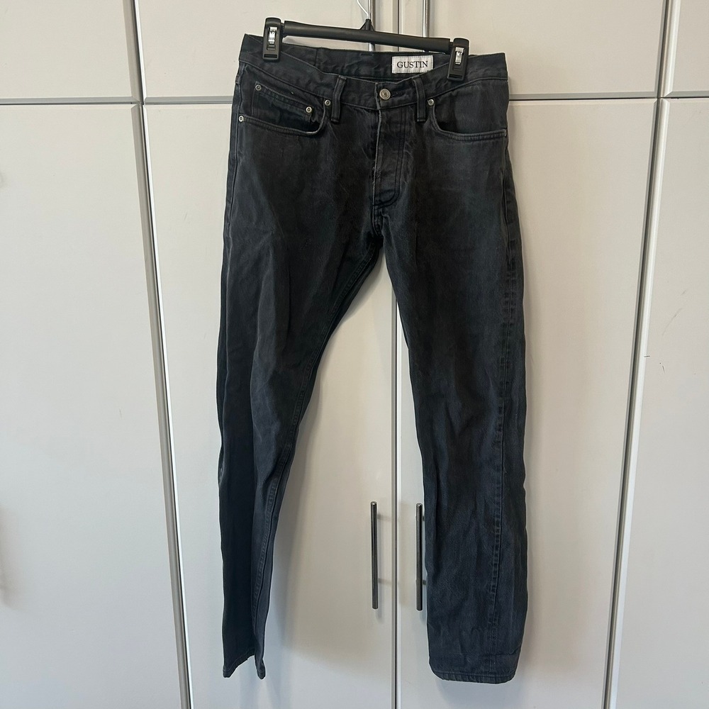 Gustin Mens Slim Fit Raw Denim Jeans Faded Black Button Fly Made in USA 32x31